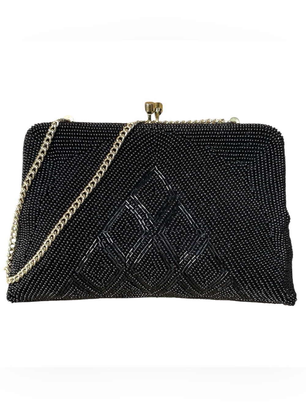 Vintage Handbag Evening Clutch Black Beaded Pale Gold Chain